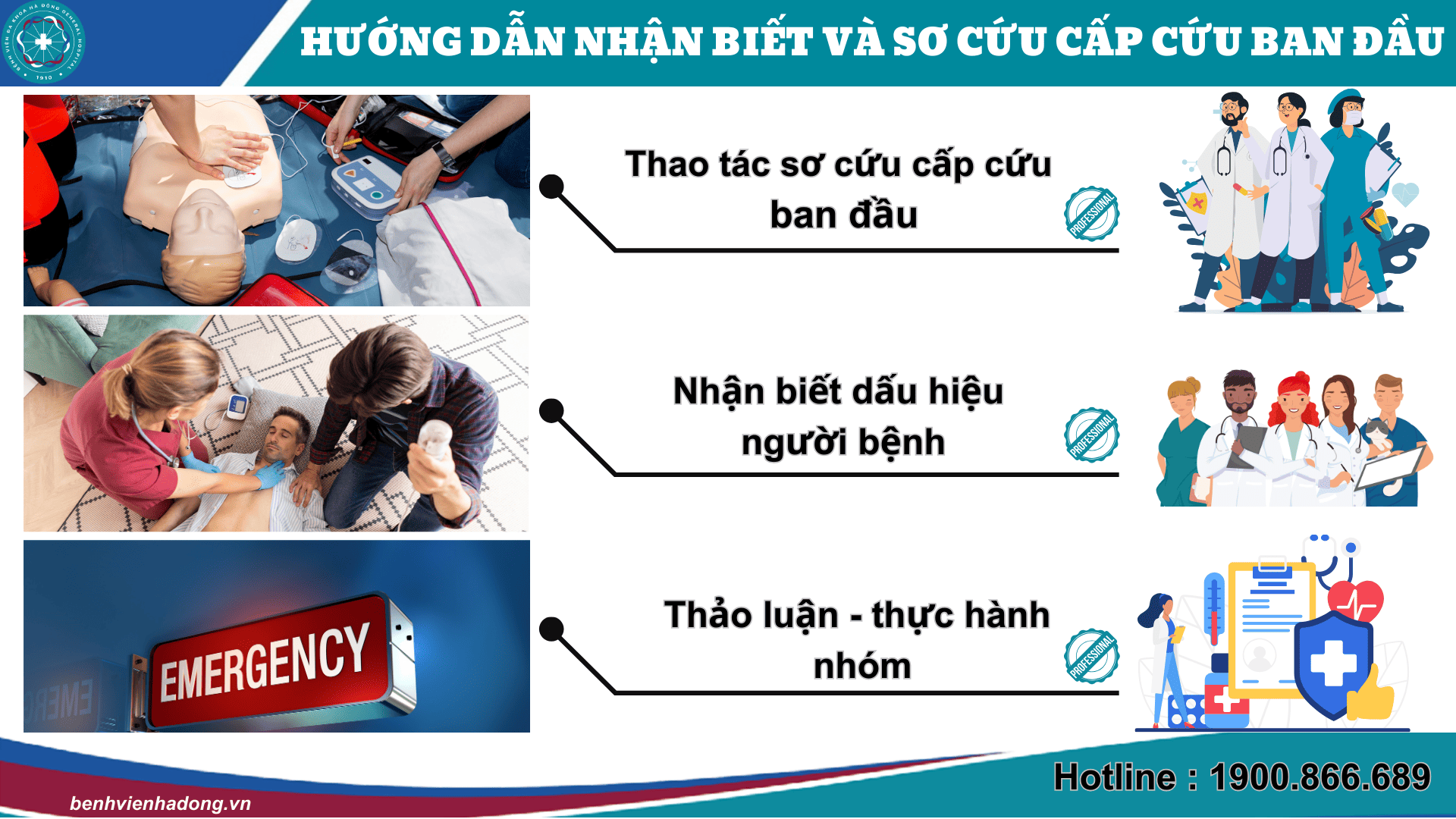  BVĐK Hà Đông  đã tổ chức khóa học "Hướng dẫn nhận biết và sơ cứu cấp cứu ban đầu" dành riêng cho đối tượng là điều dưỡng, hộ sinh, kỹ thuật viên 