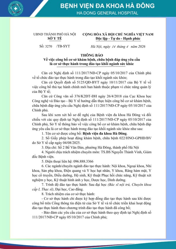 Công bố Bệnh viện Đa khoa Hà Đông đáp ứng yêu cầu là cơ sở thực hành trong đào tạo khối ngành sức khỏe